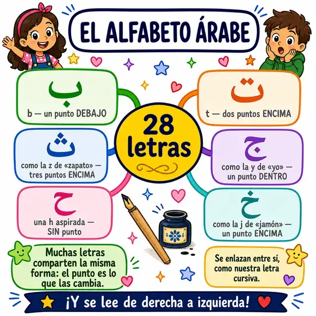 Mapa mental: el alfabeto árabe, 28 letras